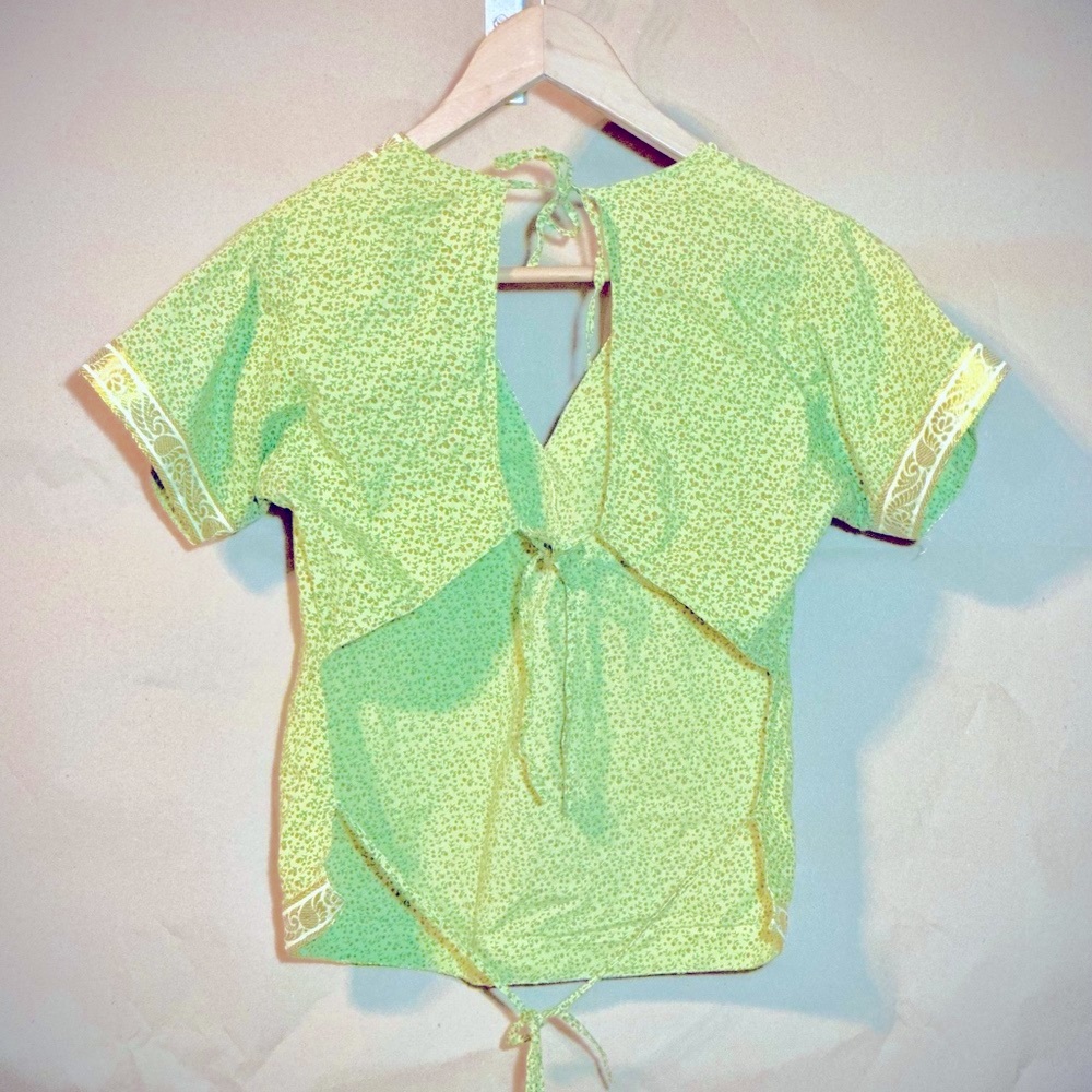Silk green and gold tunic top with open back (medium)